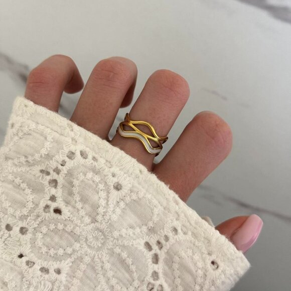 American Vintage Jewelry - SKU0059 Casual Gold White Women Fashion Statement Ring Stainless steel +gift bag